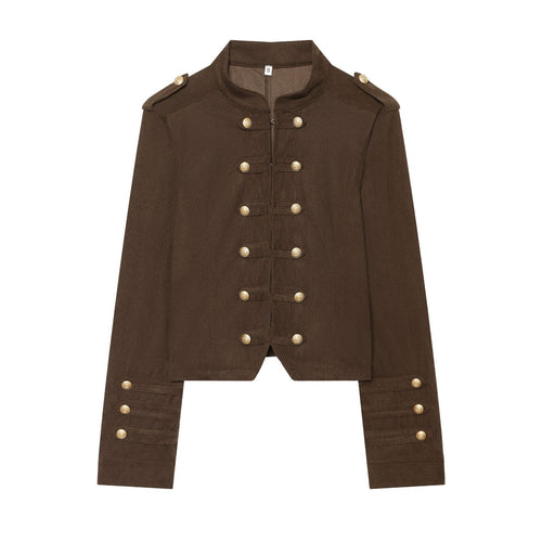 Damen taillierte Military-Jacke im Cord-Look mit Stehkragen und goldfarbener Zierknopfleiste – Célinea