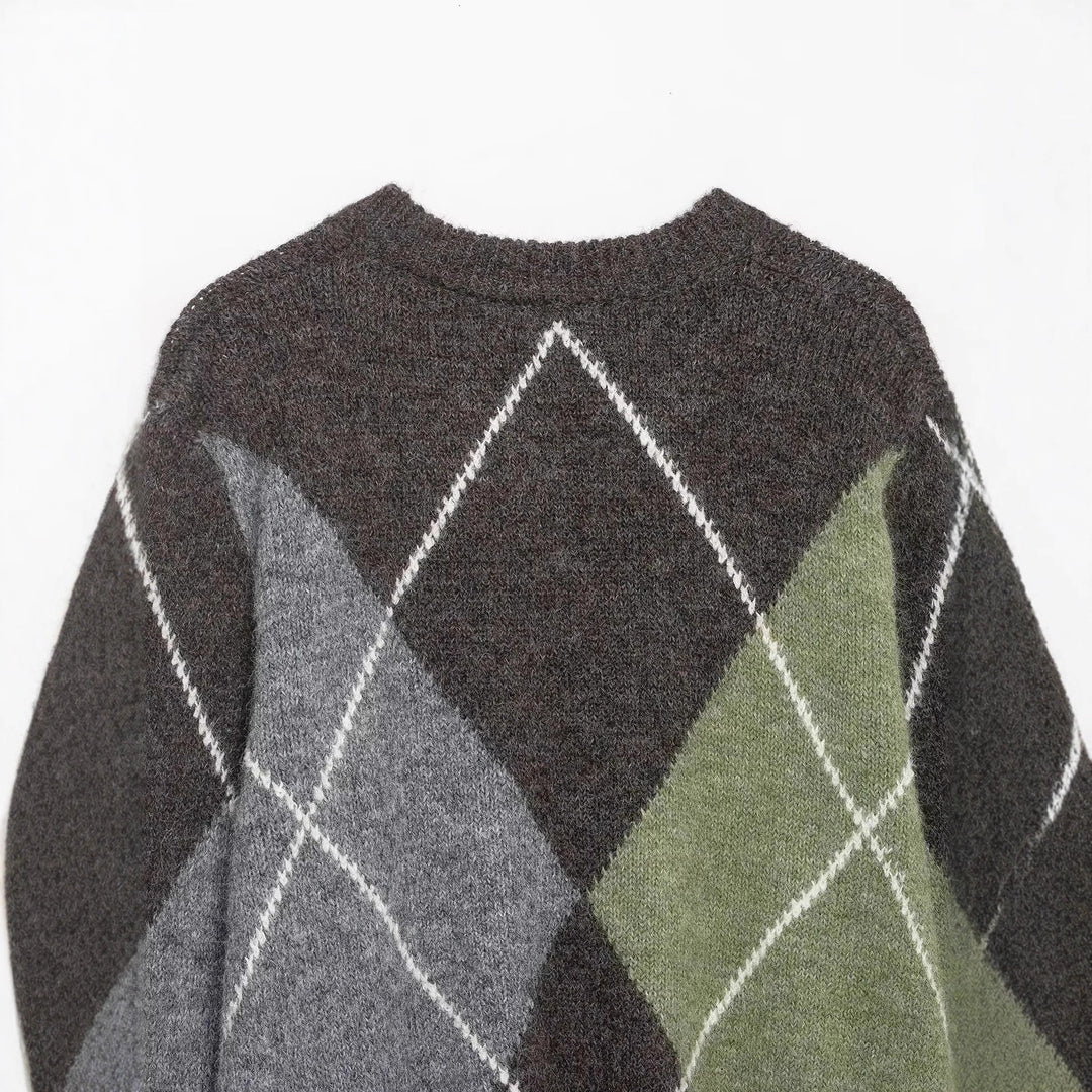 Damen nan großkaro Strickpullover mit Rundhals, oversized Passform und geripptem Saum Echo Archiv