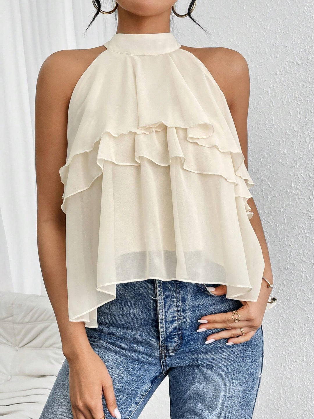 Damen Luftiges Chiffon-Top mit Stehkragen und mehrlagigen Volants Echo Archiv