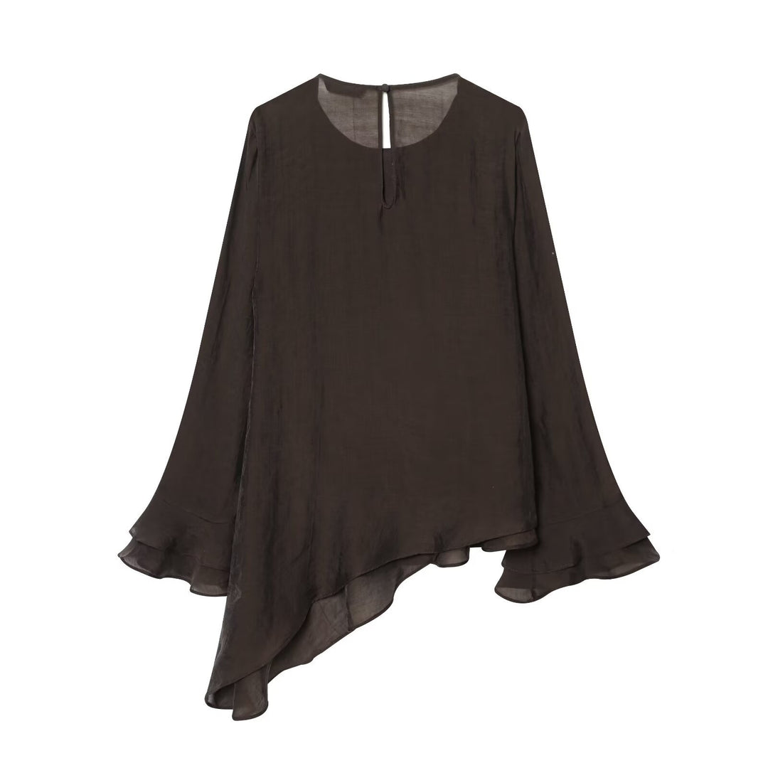 Damen 50+ mehrlagige Volant‑Bluse mit asymmetrischem Saum und Glockenärmeln Echo Archiv