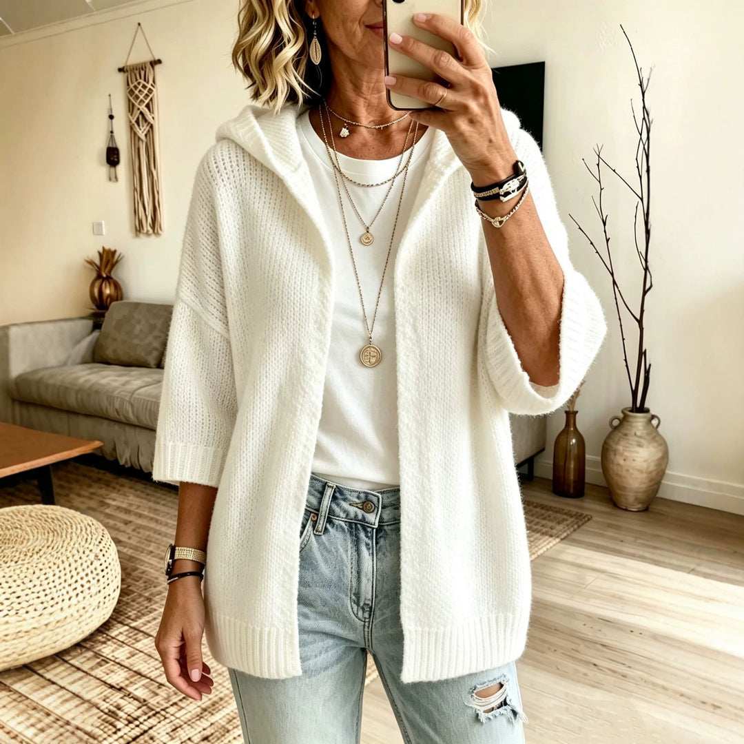 Damen Kapuzen-Longcardigan aus grobem Strick mit 3/4-Ärmeln und offener Front – Veloura