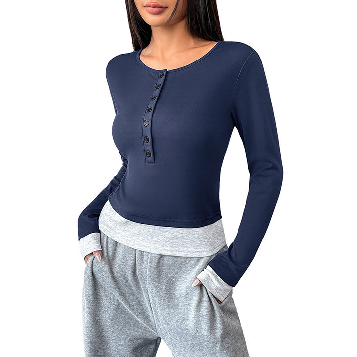 Damen Langärmeliges Crop-Shirt mit Henley-Knopfleiste, Figurbetonter Stretch-Passform und Daumenloch Echoarchiv