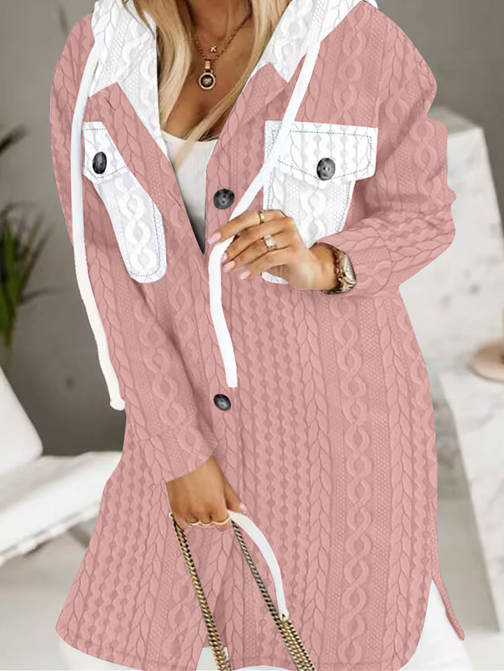 Damen Longline-Strickmantel mit Kapuze, Zierknöpfen und Kontrasttaschen – Montévia