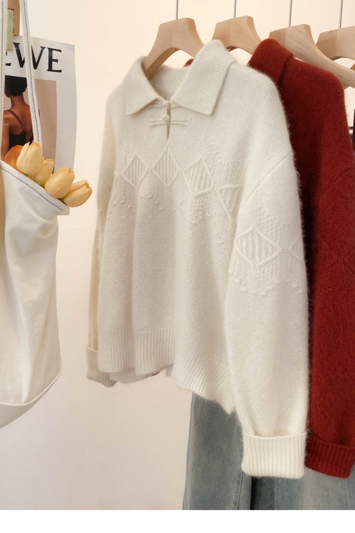 Damen Polokragen-Pullover im Mohair‑Look mit Ajour‑Zopfmuster, überschnittener Schulter und weiter Silhouette Echoarchiv