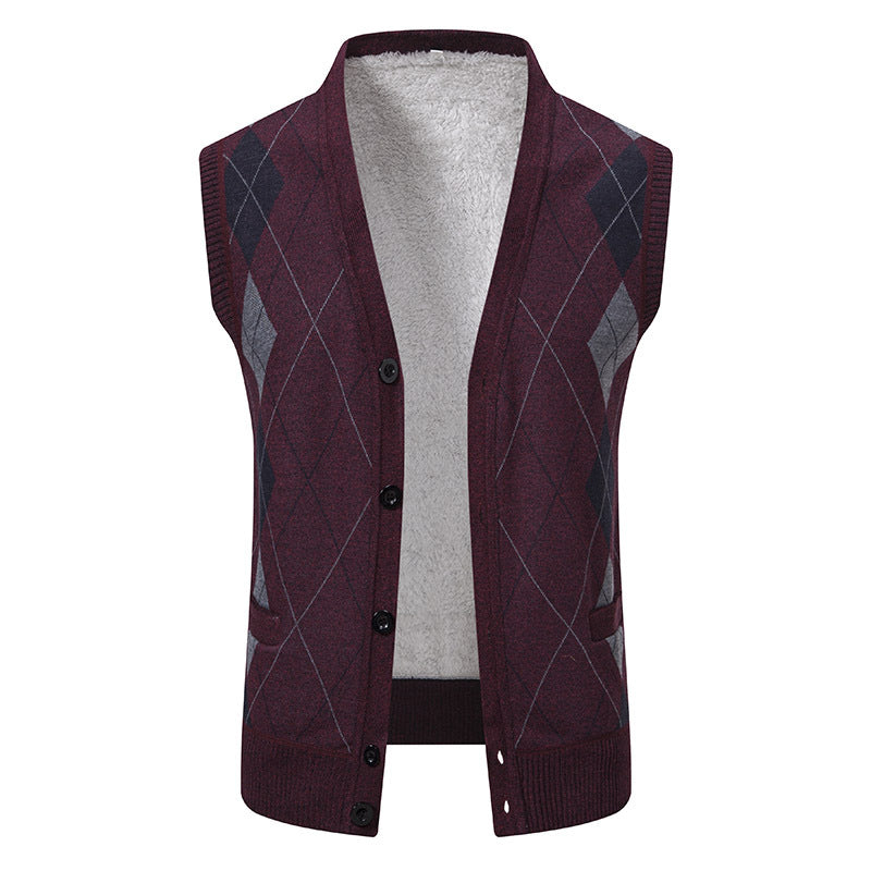 Herren nan ärmellose Strickweste mit Argyle-Muster, Teddyfutter und durchgehender Knopfleiste Echo Archiv