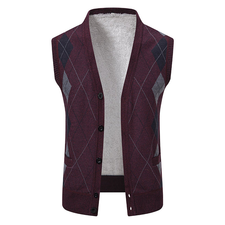 Herren nan ärmellose Strickweste mit Argyle-Muster, Teddyfutter und durchgehender Knopfleiste Echo Archiv