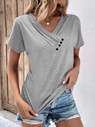 Damen Verspieltes V-Ausschnitt T-Shirt mit raffinierten Knopfdetails Echo Archiv