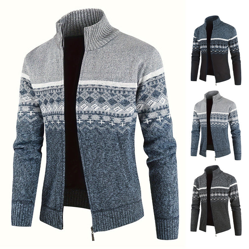 Herren Thermo-Strickjacke mit Stehkragen und Reißverschluss Norwegerstrick Fleece-gefüttert – Taviero