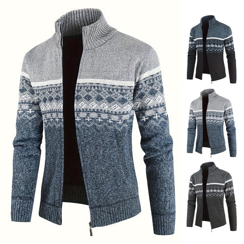Herren Thermo-Strickjacke mit Stehkragen und Reißverschluss Norwegerstrick Fleece-gefüttert – Taviero