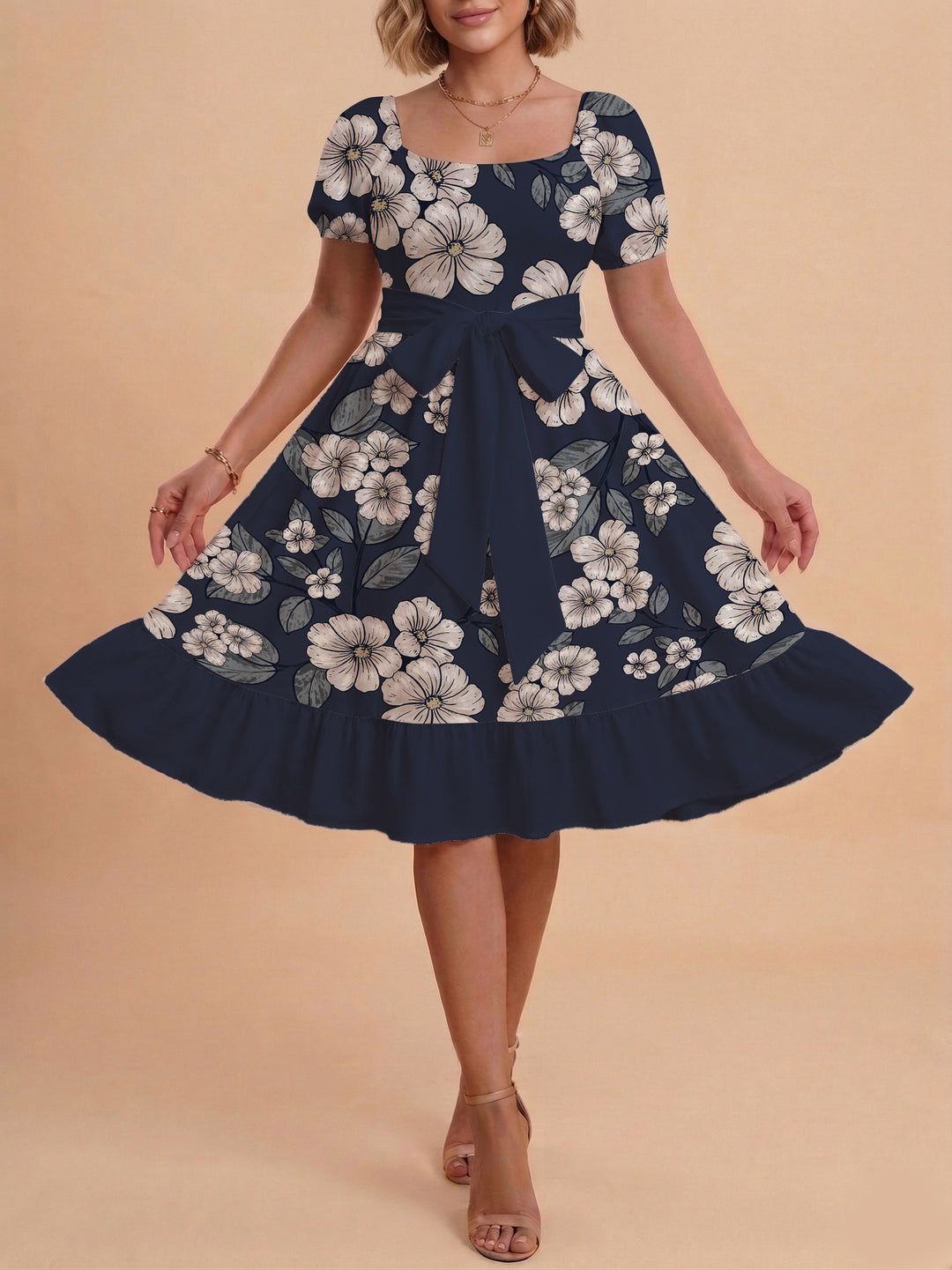 Damen Midi Kleid mit elegantem Blumendruck und tailliertem Gürtel Echo Archiv