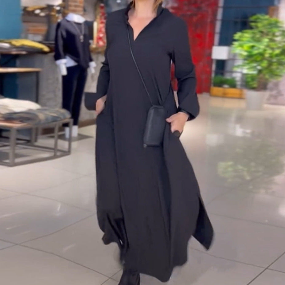 Damen Lange Maxi Kleid mit Stehkragen, Seitentaschen und Lockerem Fall Echoarchiv