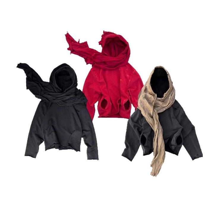 Unisex nan Kapuzenpullover im Gebrauchsspurenstil mit angeschlossenem Schlauchschal und ausgefransten Öffnungen Echo Archiv