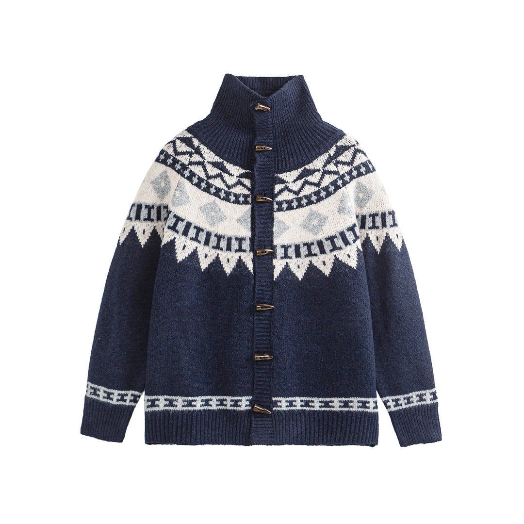 Damen Norwegermuster Strickcardigan mit hohem Stehkragen und Knebelverschlüssen Echoarchiv