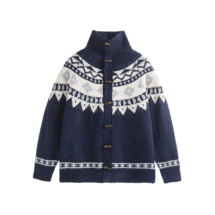 Damen Norwegermuster Strickcardigan mit hohem Stehkragen und Knebelverschlüssen Echoarchiv