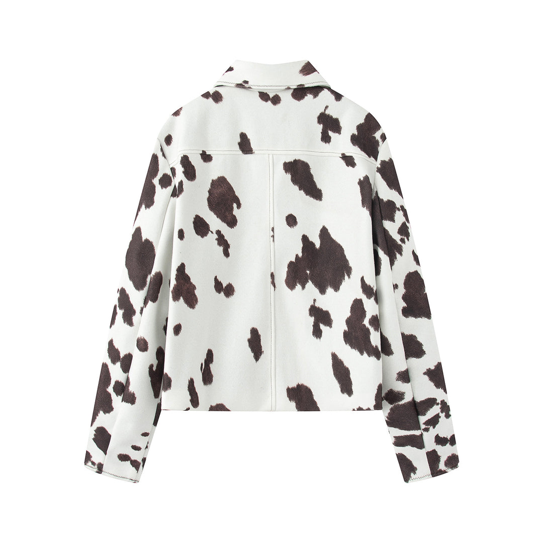 Damen cropped Hemdjacke mit Kuhfleck-Print, Boxy-Silhouette und Druckknopfleiste – Célinea