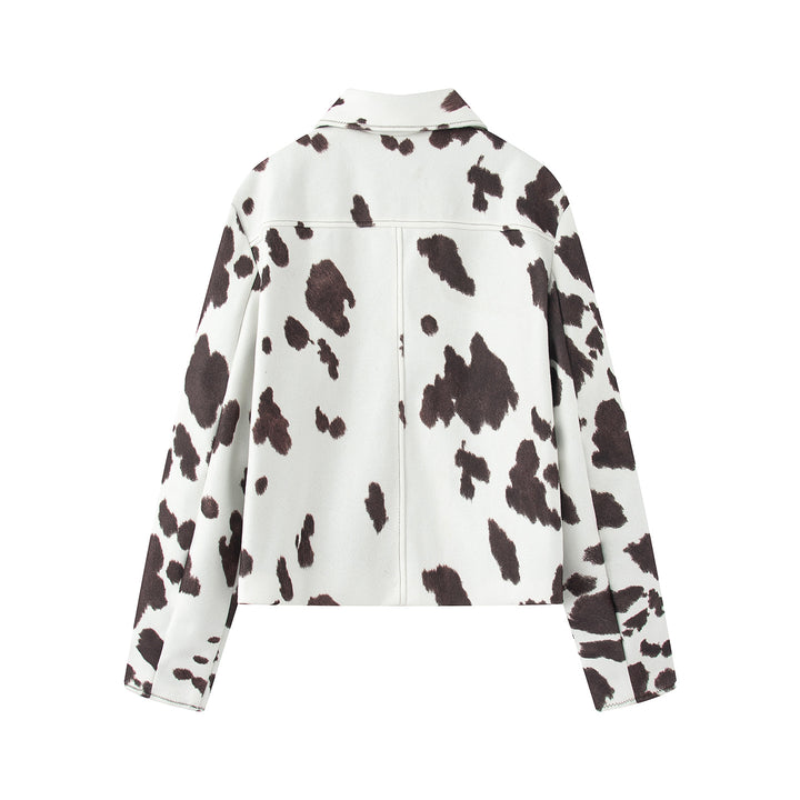 Damen cropped Hemdjacke mit Kuhfleck-Print, Boxy-Silhouette und Druckknopfleiste – Célinea