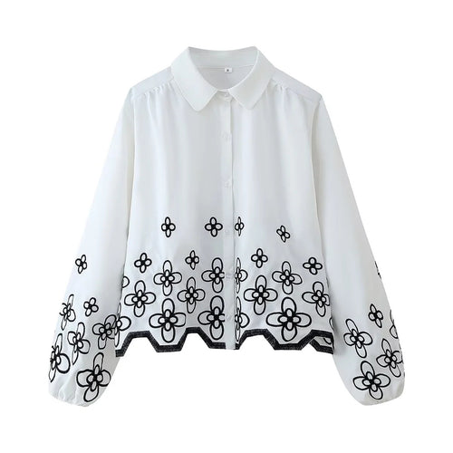 Damen bestickte Chiffon-Bluse mit floralem Saum, Volumenärmeln und Hemdkragen – Élovi