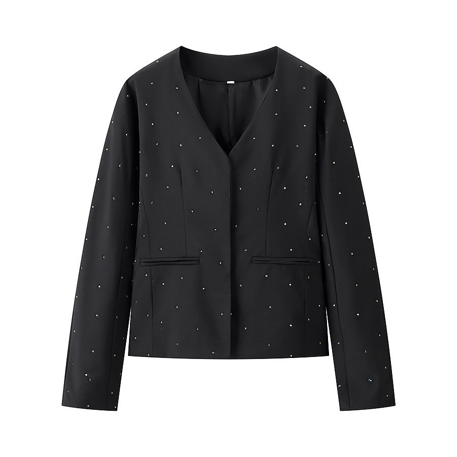 Damen nan elegant taillierter Blazer ohne Kragen mit Ziersteinbesatz Echo Archiv
