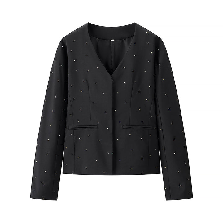 Damen nan elegant taillierter Blazer ohne Kragen mit Ziersteinbesatz Echo Archiv