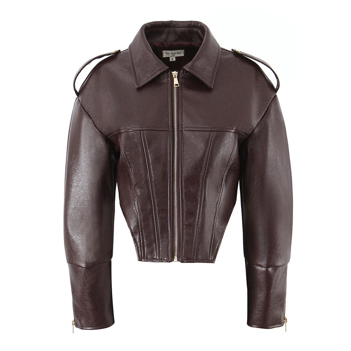 Damen Kurz geschnittene taillierte Bikerjacke aus Lederimitat mit Korselett-Nähten und Schulterklappen Echoarchiv