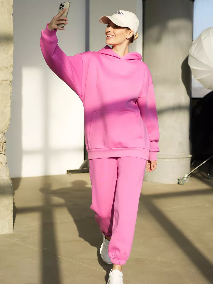 Damen nan zweiteiliges Komfort-Loungewear-Set mit oversized Kapuzenpullover, Kängurutasche und elastischem Knöchel-Jogger aus French Terry Echo Archiv