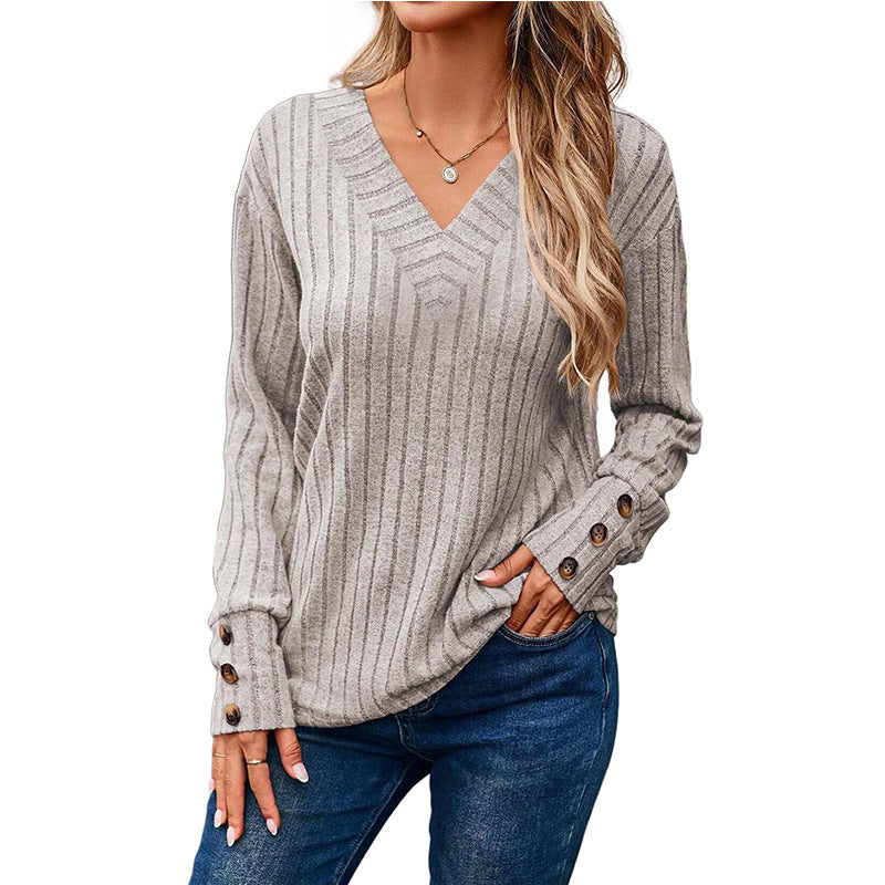 Damen Gerippter V-Ausschnitt Strickpullover mit Knopfmanschetten Echo Archiv