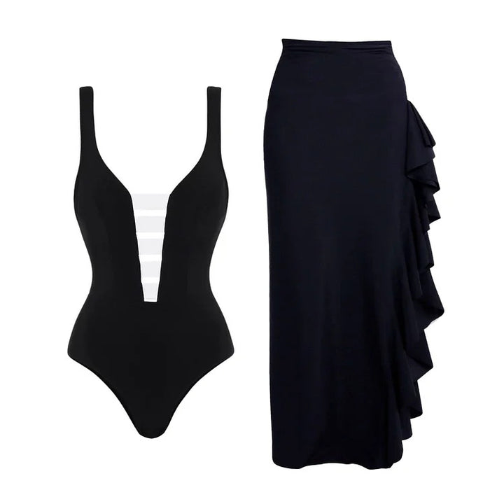 Damen eleganter Einteiler mit raffiniertem Transparentstreifen und voluminösem Maxi-Rock Echo Archiv