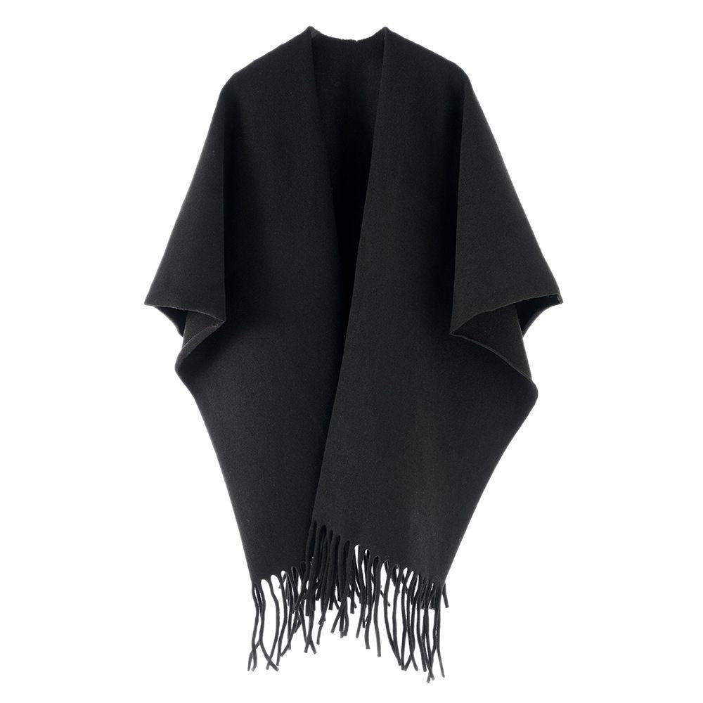 Damen Minimalistischer Wollcape-Überwurf mit Fransensaum und offenem Fall Echo Archiv