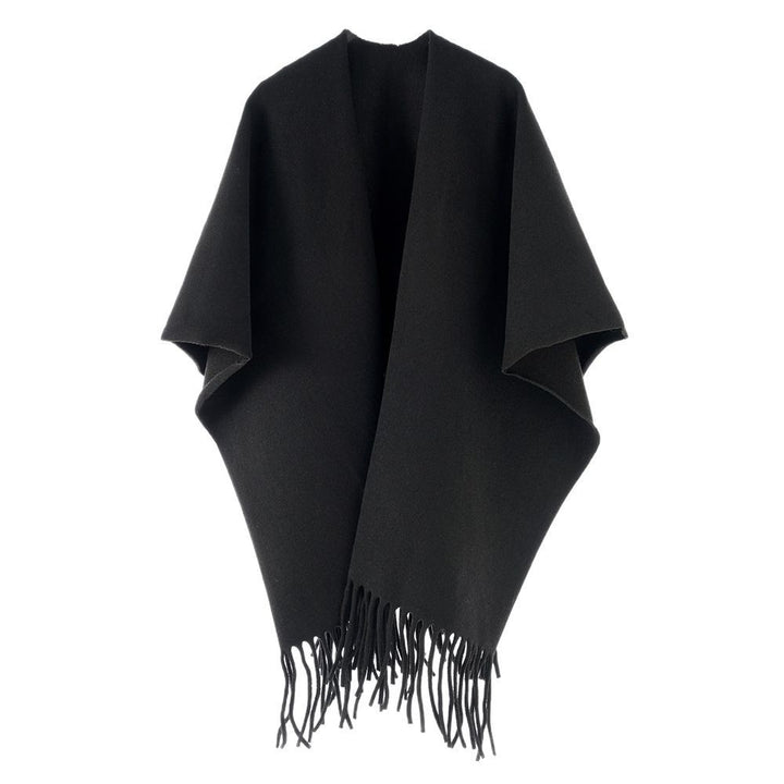 Damen Minimalistischer Wollcape-Überwurf mit Fransensaum und offenem Fall Echo Archiv