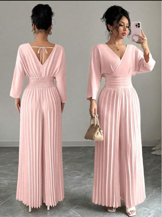 Damen Eleganter Plissee-Jumpsuit mit V-Ausschnitt Echo Archiv