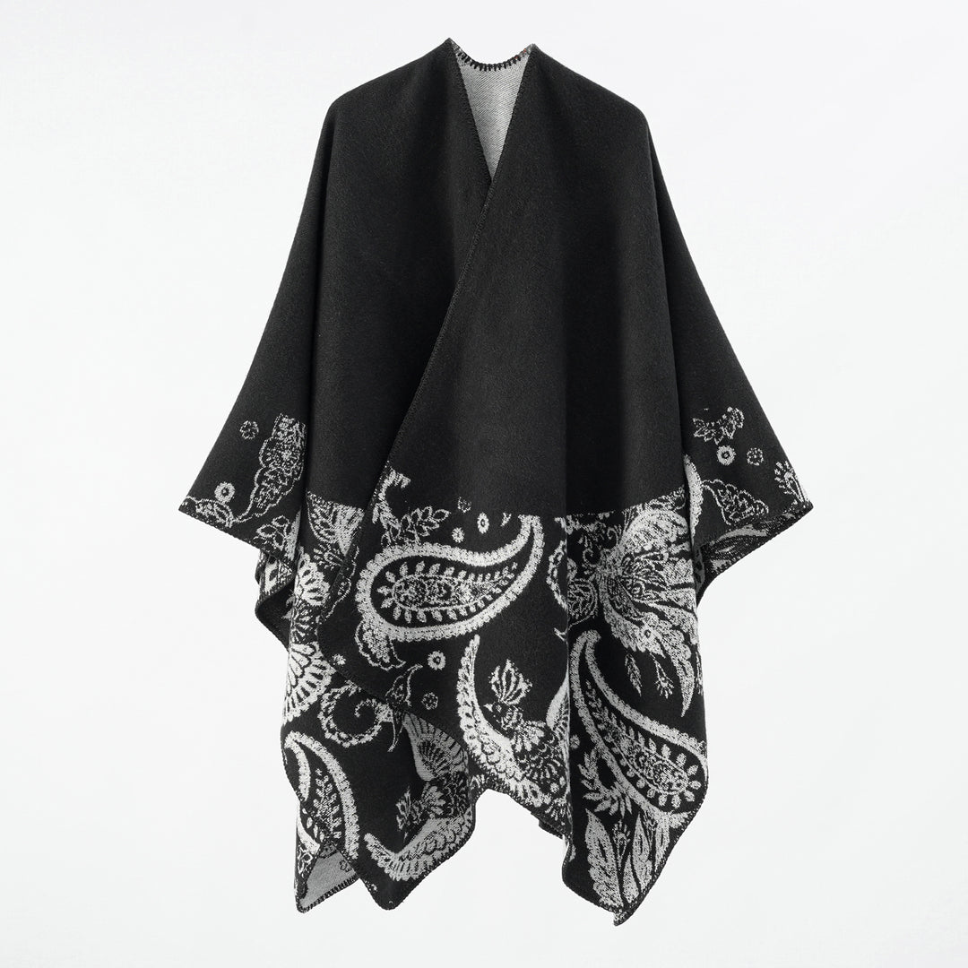 Damen Feines Woll-Cape im Überwurfstil mit kontrastierender Border-Jacquard – Avérine