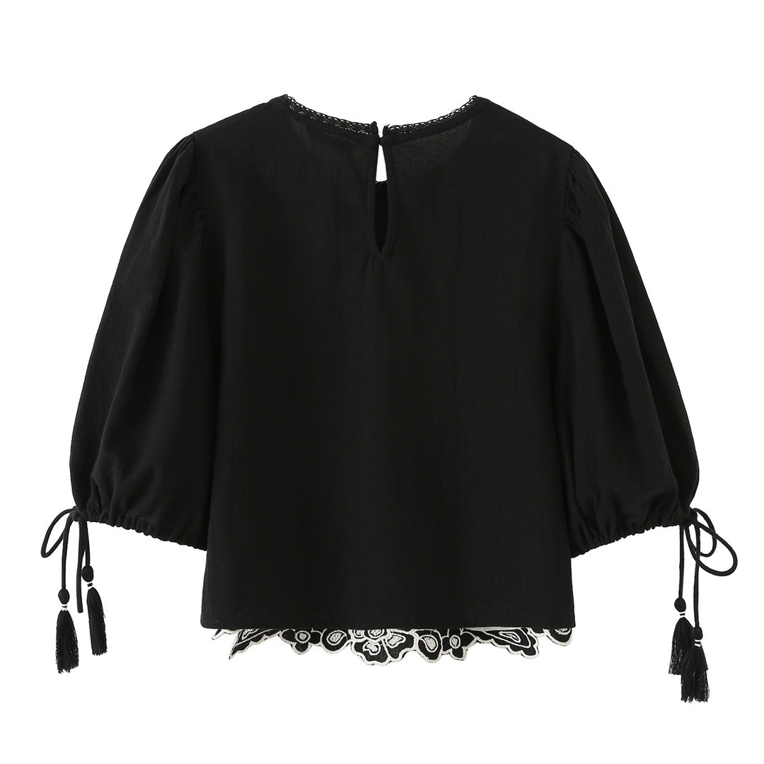 Damen bestickte Bluse mit Trompetenärmeln, Quasten und floraler Spitzenbordüre Echoarchiv