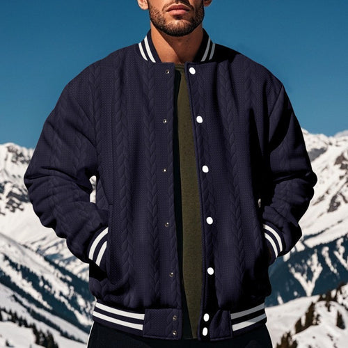 Herren Kunstfell-Collegejacke mit kontrastierenden Bünden und modernem Strickmuster Echoarchiv