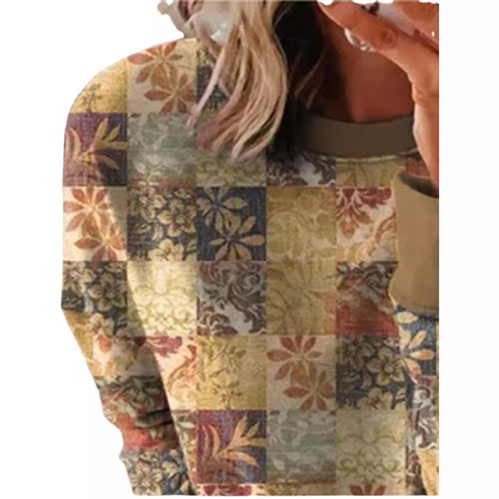 Damen Langarmshirt im Patchwork-Quilt-Design mit weichem Rundhalsausschnitt und kontrastierenden Bündchen – Élovi