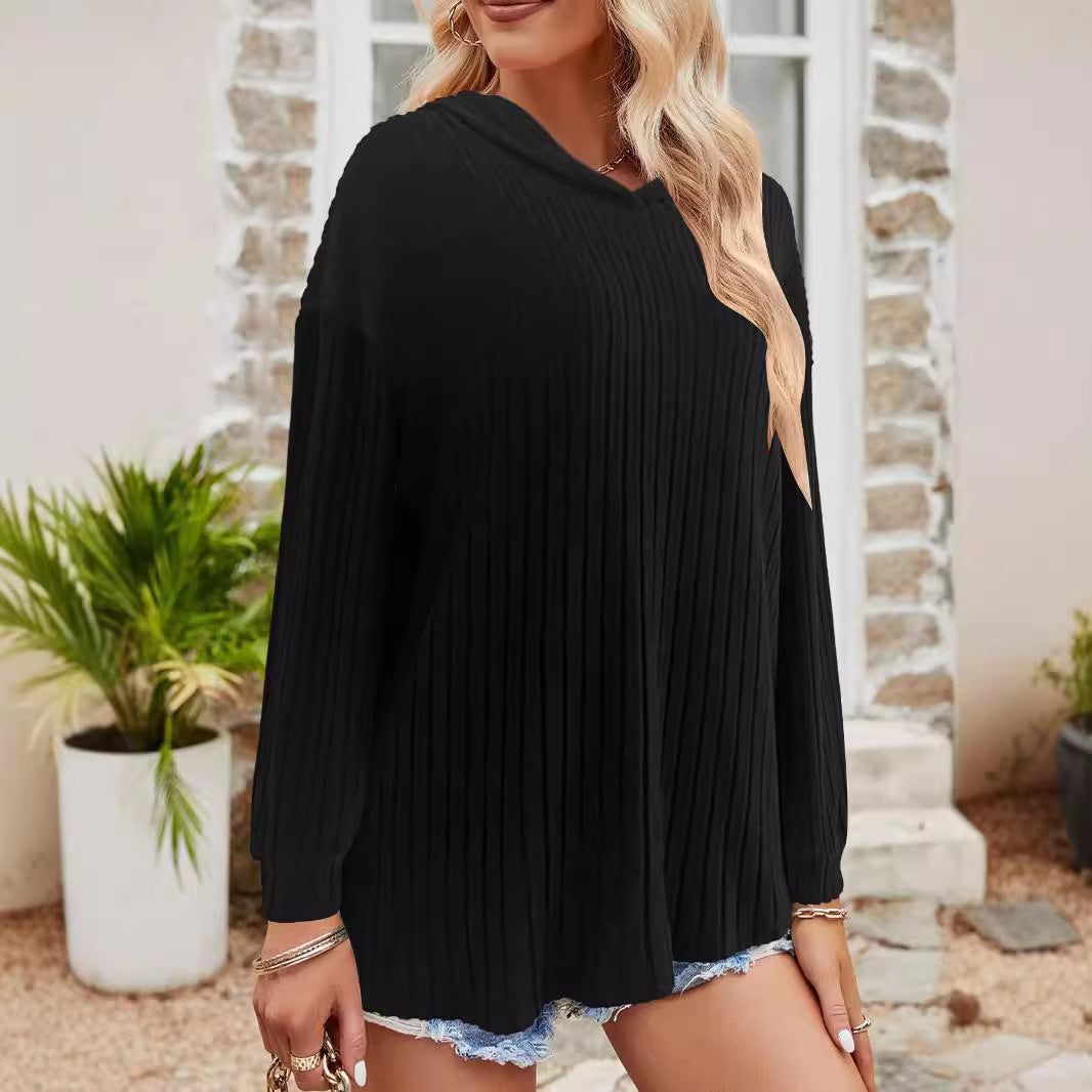 Damen Gerippter Kapuzenpullover mit V-Ausschnitt und Oversize-Ärmeln Echoarchiv