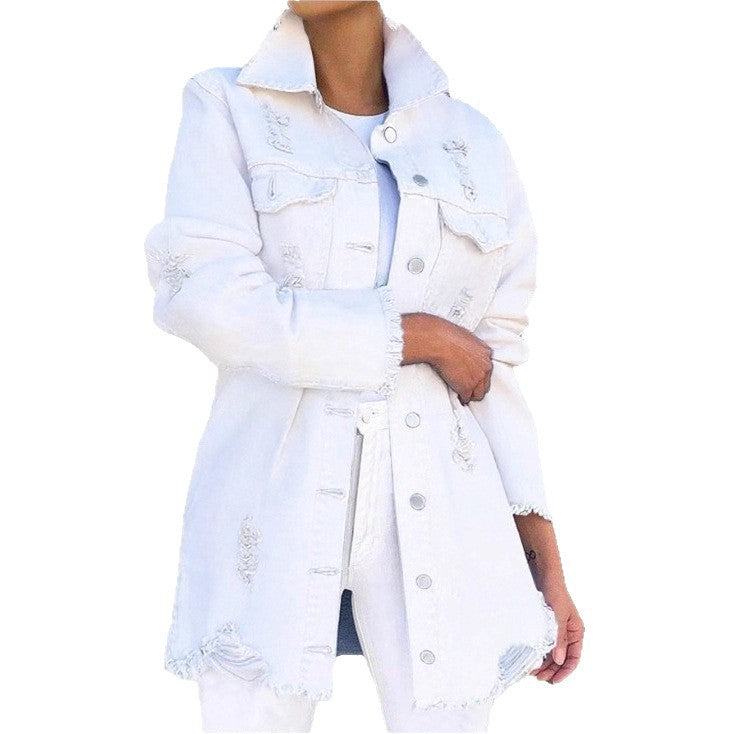 Damen Longline-Denimjacke mit Destroyed-Details und Fransenabschluss Echo Archiv