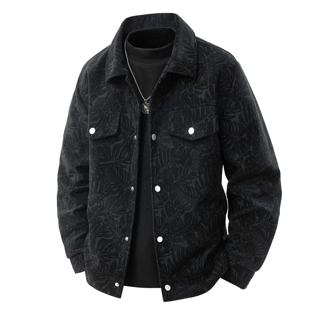 Herren Kordjacke im Truckerstil mit tonalem Blattmuster, Druckknopf‑Front und Pattentaschen Echo Archiv