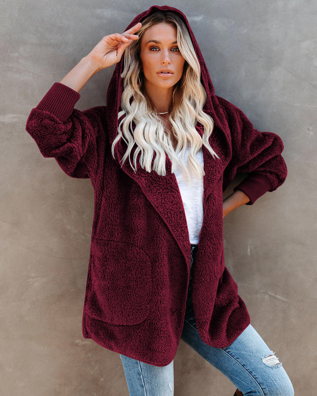 Damen Flauschige Kapuzenjacke mit Taschen und hohen Bündchen Echoarchiv