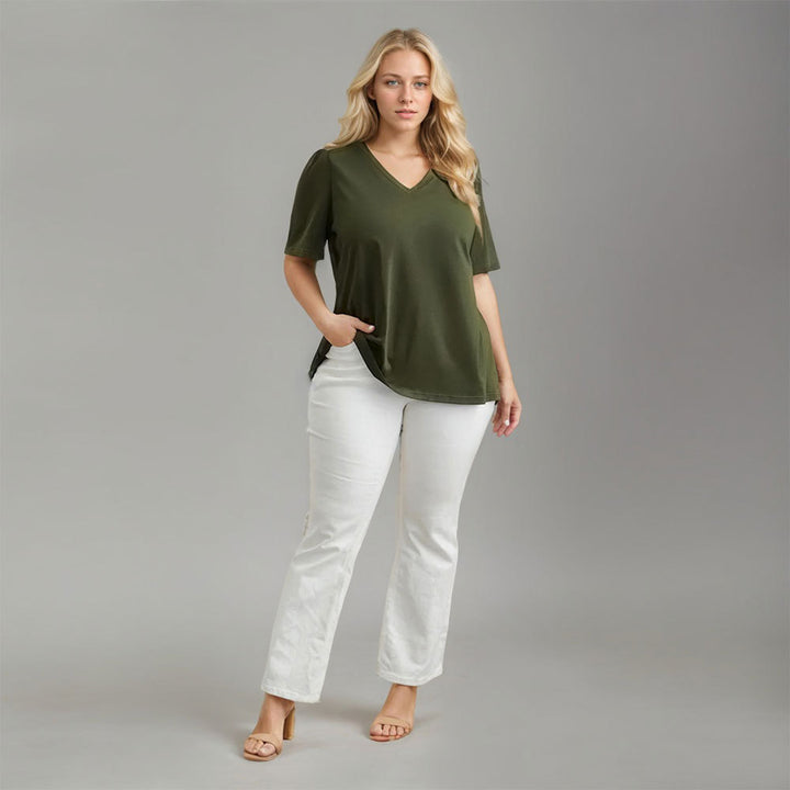Damen Lässiges V-Ausschnitt T-Shirt mit Seitentaschen und weichem Material Echo Archiv