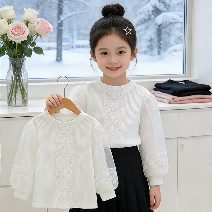 Mädchen elegante Bluse mit transparenten Puffärmeln und zarter Blumenstickerei Echo Archiv