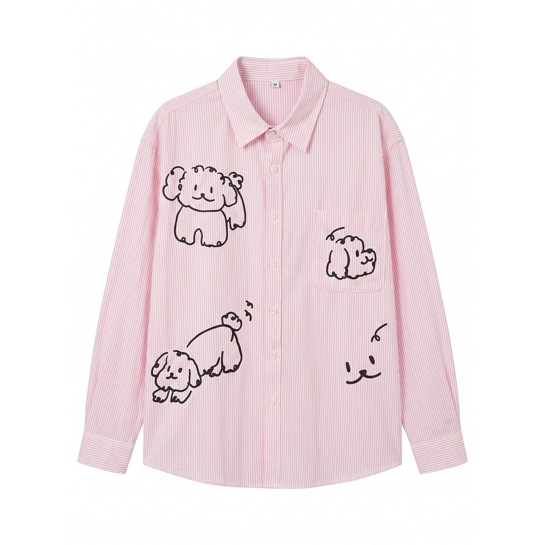 Damen Gestreifte Oversize-Hemdbluse mit Hundedoodle-Prints und Brusttasche Echoarchiv