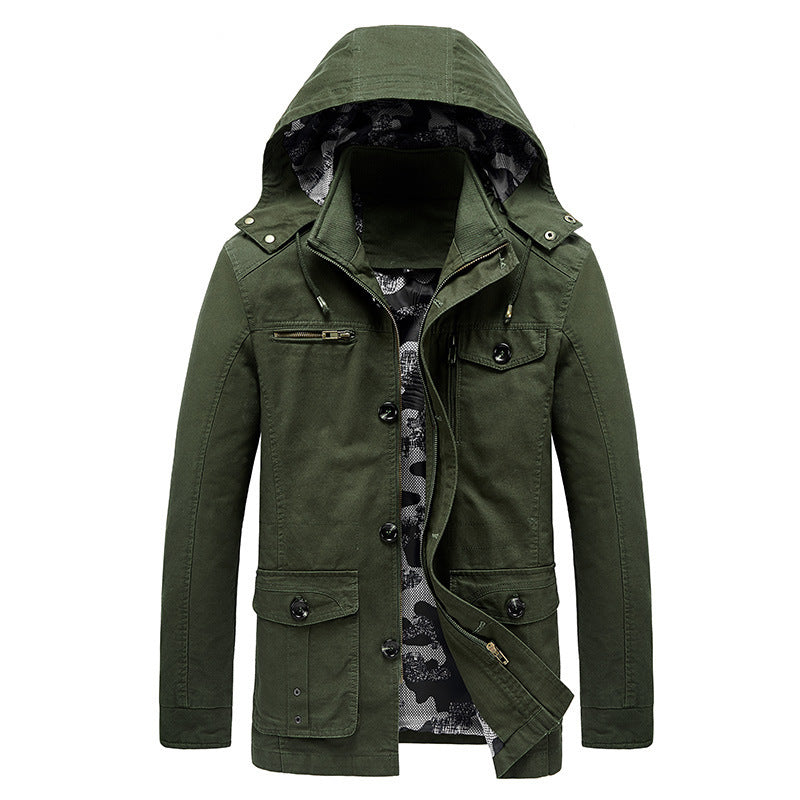 Herren Kapuzen-Canvas-Fieldjacke mit Camouflage-Innenfutter, Multifunktions‑Taschen und Reißverschluss‑Knopfleiste Echoarchiv