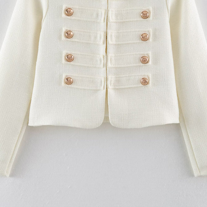 Damen Kurze Bouclé-Jacke im Militärstil mit Zierleisten und goldenen Knöpfen Echoarchiv