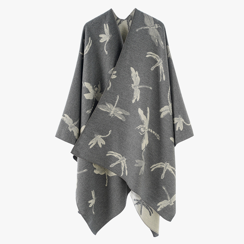 Damen Wendbarer Jacquard-Poncho mit Libellenmotiv – Avérine