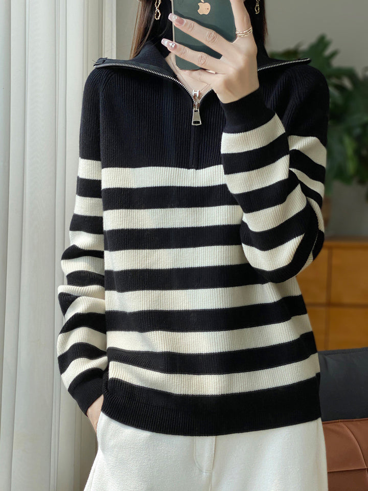 Damen Maritimer Troyer-Pullover aus feinem Rippstrick mit breiten Querstreifen Echoarchiv