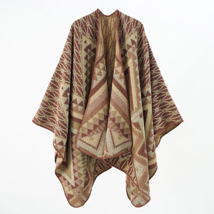 Damen Strukturiertes Jacquard-Poncho-Überwurf mit grafischem Ethno-Muster und offenem Kimono-Fall – Célinea