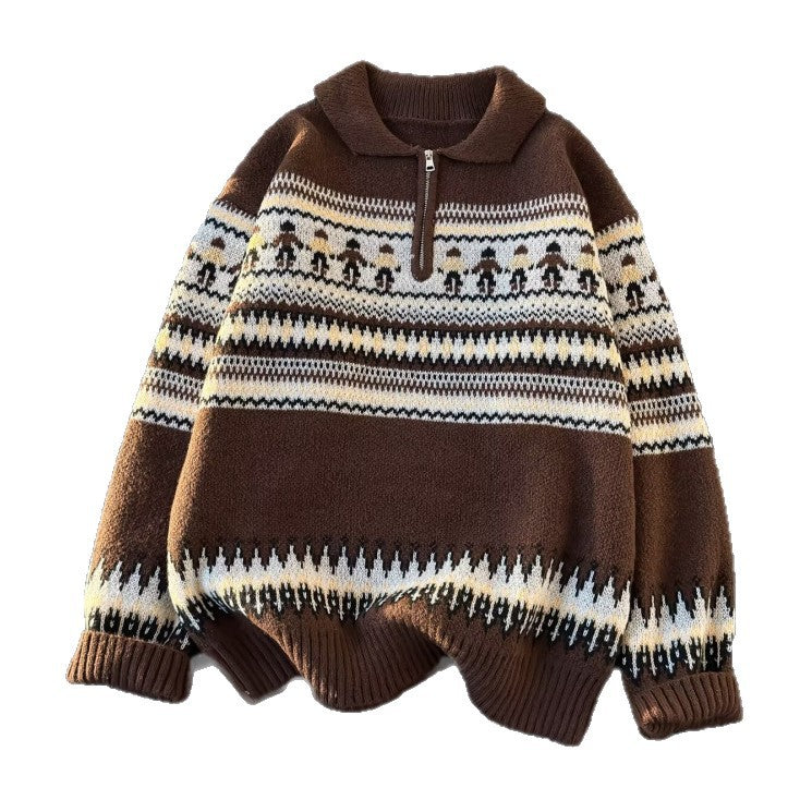 Unisex Oversized Rundhalspullover mit Norweger-Jacquard und gerippten Bündchen Echoarchiv