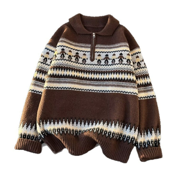 Unisex Oversized Rundhalspullover mit Norweger-Jacquard und gerippten Bündchen Echoarchiv