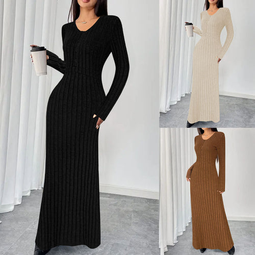 Damen Geripptes Tailliertes Maxikleid mit Knopfpatent und Rundhalsausschnitt Echoarchiv