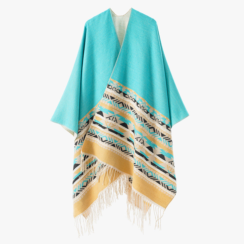 Damen V-Kragen-Überwurfponcho im Kimono-Fall mit Ethno-Bordüre und Fransensaum Echo Archiv